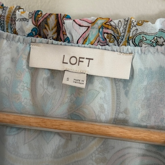 LOFT Paisley Tie Blouse Ruffle Trim Teal Aqua Small - Picture 10 of 11